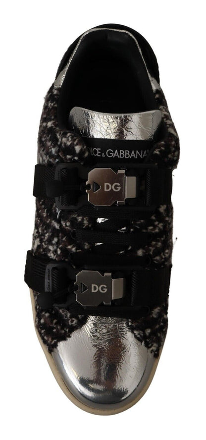 Dolce &amp; Gabbana Silber Leder Braun Baumwolle Wolle Sneakers Schuhe