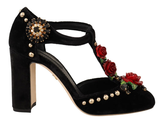 Dolce &amp; Gabbana Schwarze Mary Jane Pumps mit Rosen und Kristallen