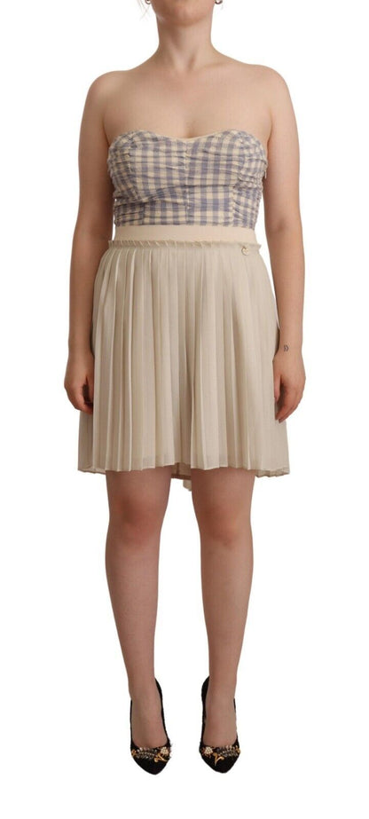 Guess Beige kariertes, plissiertes A-Linien-Bustierkleid ohne Träger