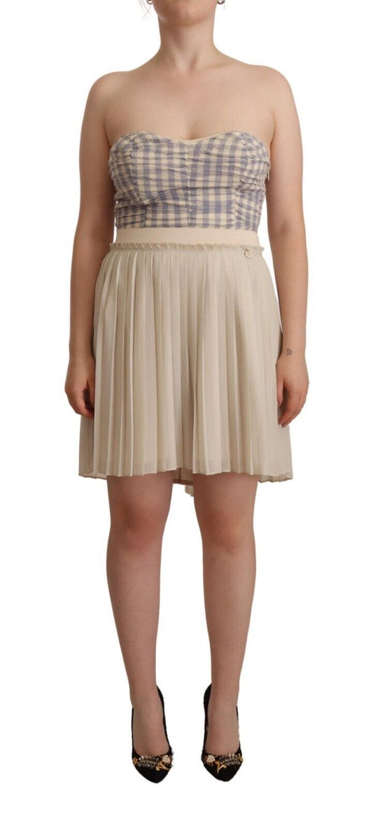 Guess Beige kariertes, plissiertes A-Linien-Bustierkleid ohne Träger