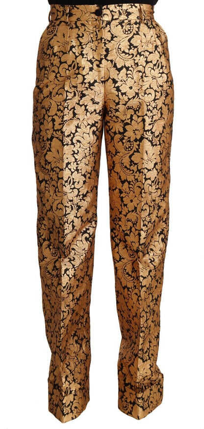 Dolce &amp; Gabbana – Gerade geschnittene Polyesterhose aus Jacquard mit goldenem Blumenmuster