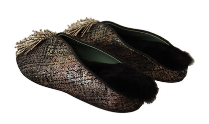 Paola D'Arcano – Slipper aus goldfarbenem Jacquard-Leder mit Verzierung