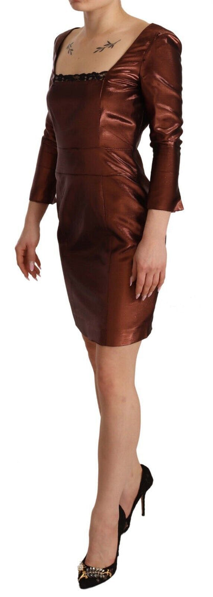 GF Ferre Metallic Brown Long Sleeves Square Neck Sheath Dress