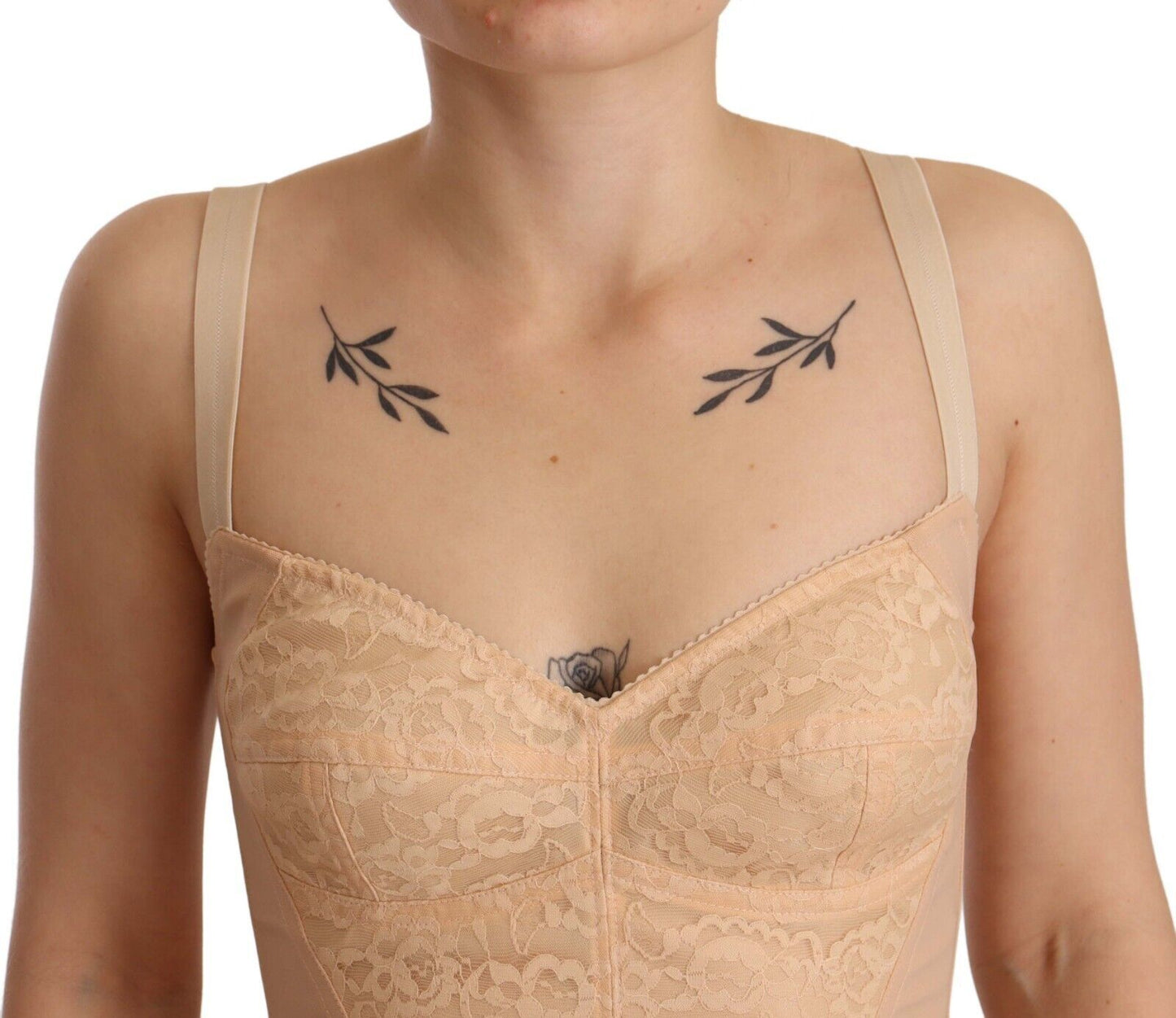 Dolce &amp; Gabbana Beige Nylon-Bodysuit mit Blumenspitze