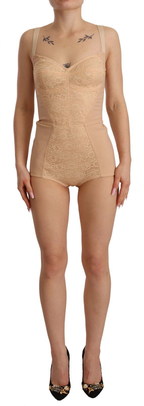 Dolce &amp; Gabbana Beige Nylon-Bodysuit mit Blumenspitze