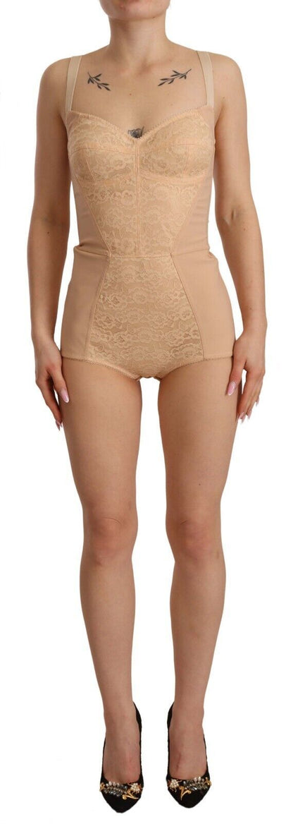 Dolce &amp; Gabbana Beige Nylon-Bodysuit mit Blumenspitze