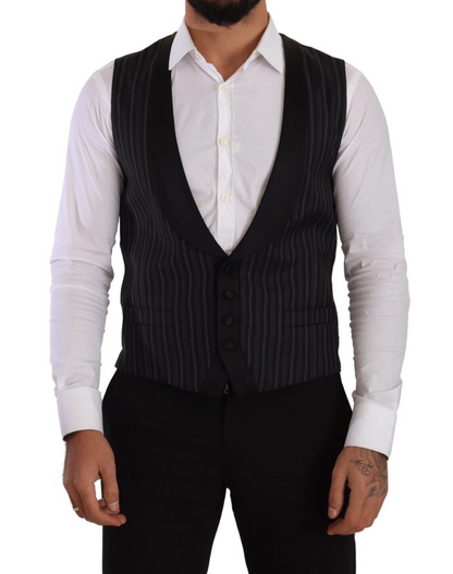 Dolce & Gabbana Black Striped Wool Silk Waistcoat Vest