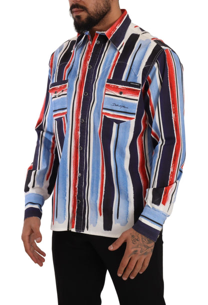 Dolce & Gabbana Red Striped Long Sleeve Cotton Shirt Blue