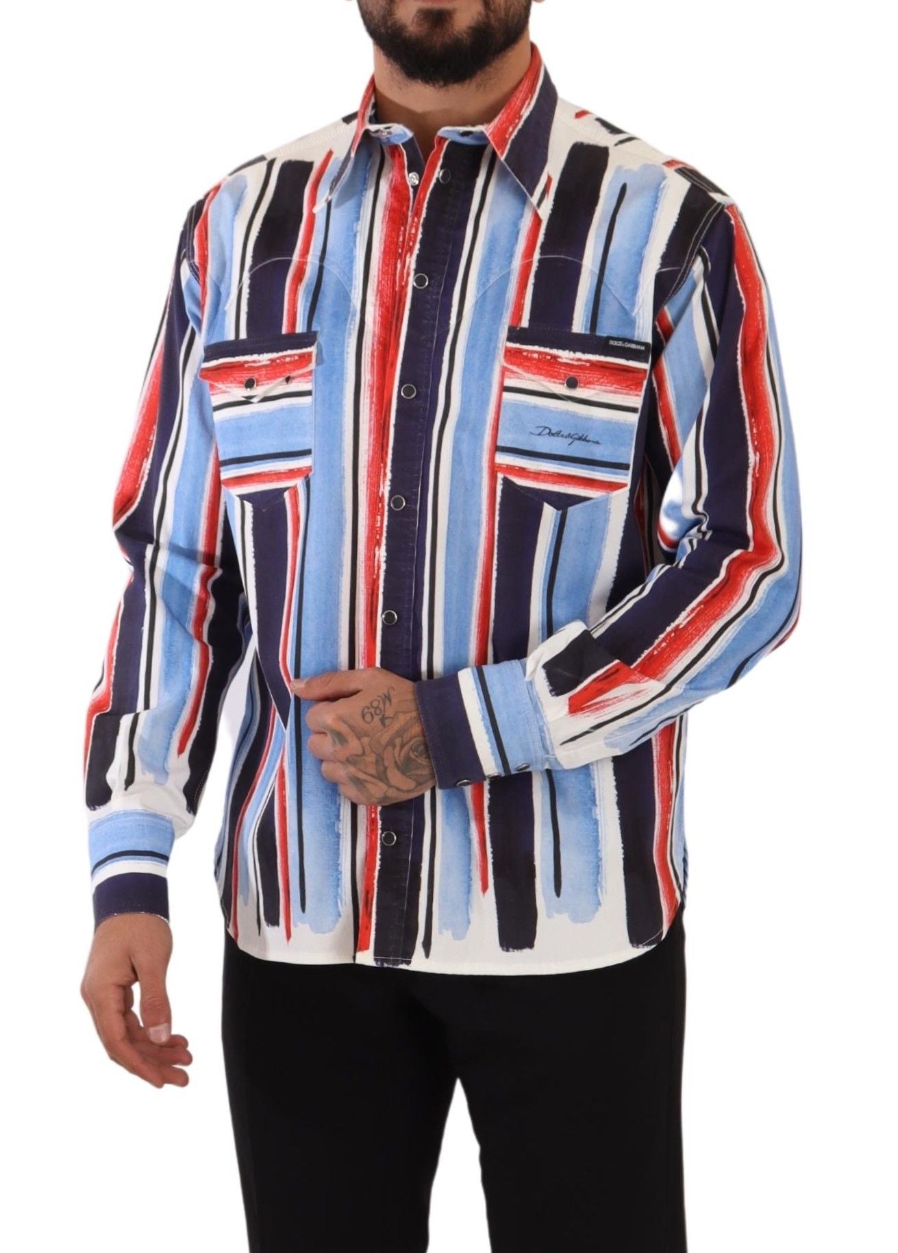Dolce & Gabbana Red Striped Long Sleeve Cotton Shirt Blue