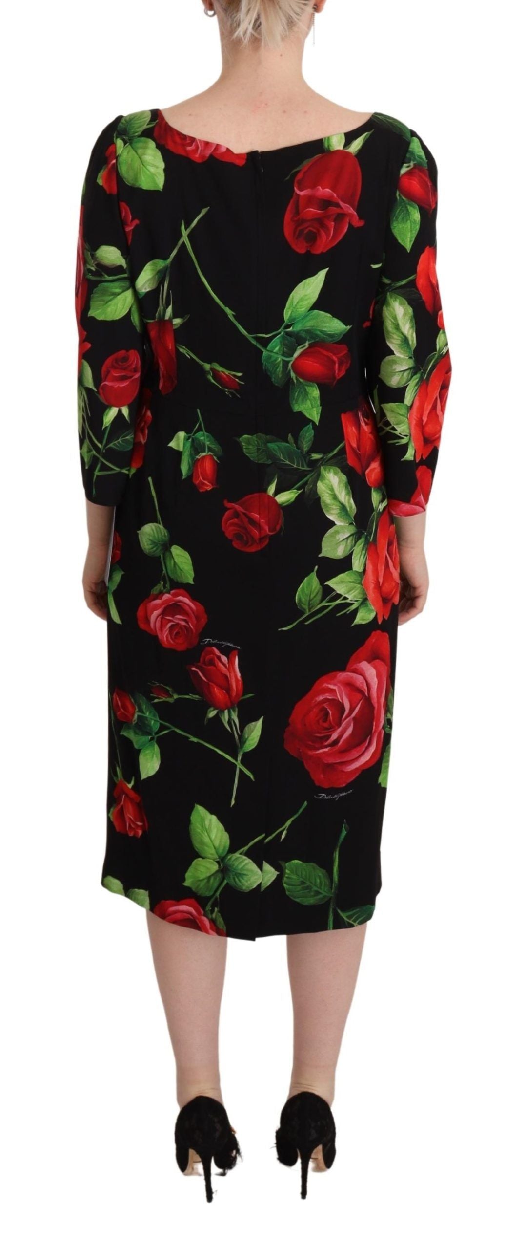 Dolce &amp; Gabbana – Etuikleid aus Stretch-Seide mit schwarzen und roten Rosen