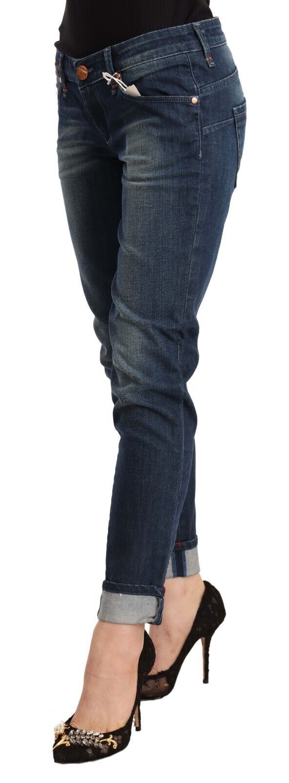 Acht – Blau verwaschene Skinny-Jeans mit niedriger Taille und umgeschlagenem Saum