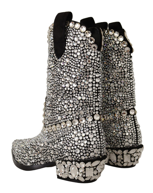 Dolce &amp; Gabbana Cowgirl-Stiefel aus schwarzem Wildleder mit Strass-Kristallen
