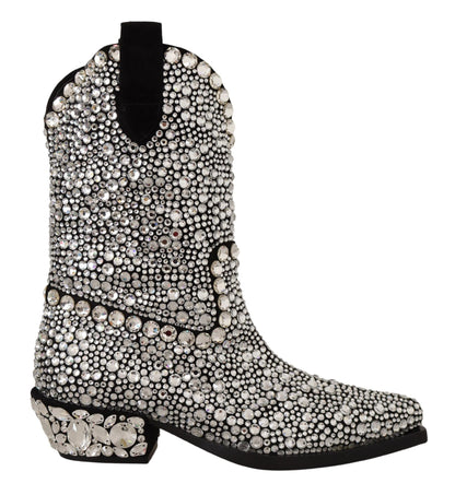 Dolce &amp; Gabbana Cowgirl-Stiefel aus schwarzem Wildleder mit Strass-Kristallen