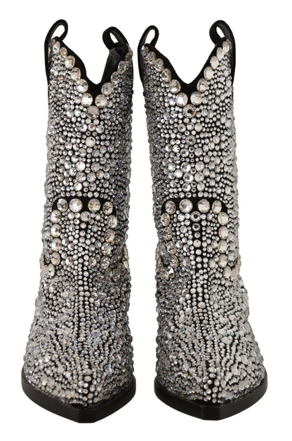 Dolce &amp; Gabbana Cowgirl-Stiefel aus schwarzem Wildleder mit Strass-Kristallen