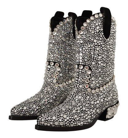Dolce &amp; Gabbana Cowgirl-Stiefel aus schwarzem Wildleder mit Strass-Kristallen