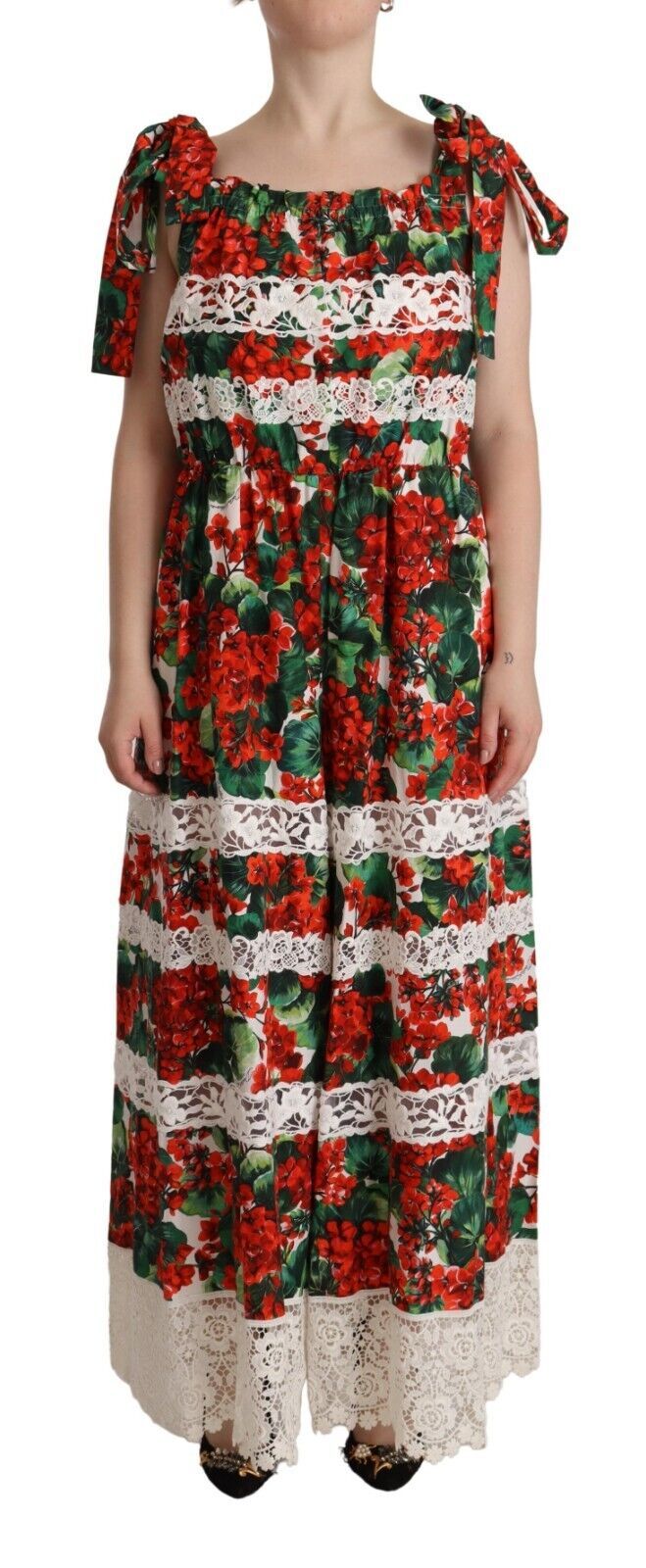 Dolce &amp; Gabbana – Langes Maxikleid aus Spitze mit mehrfarbigem Geranien-Print