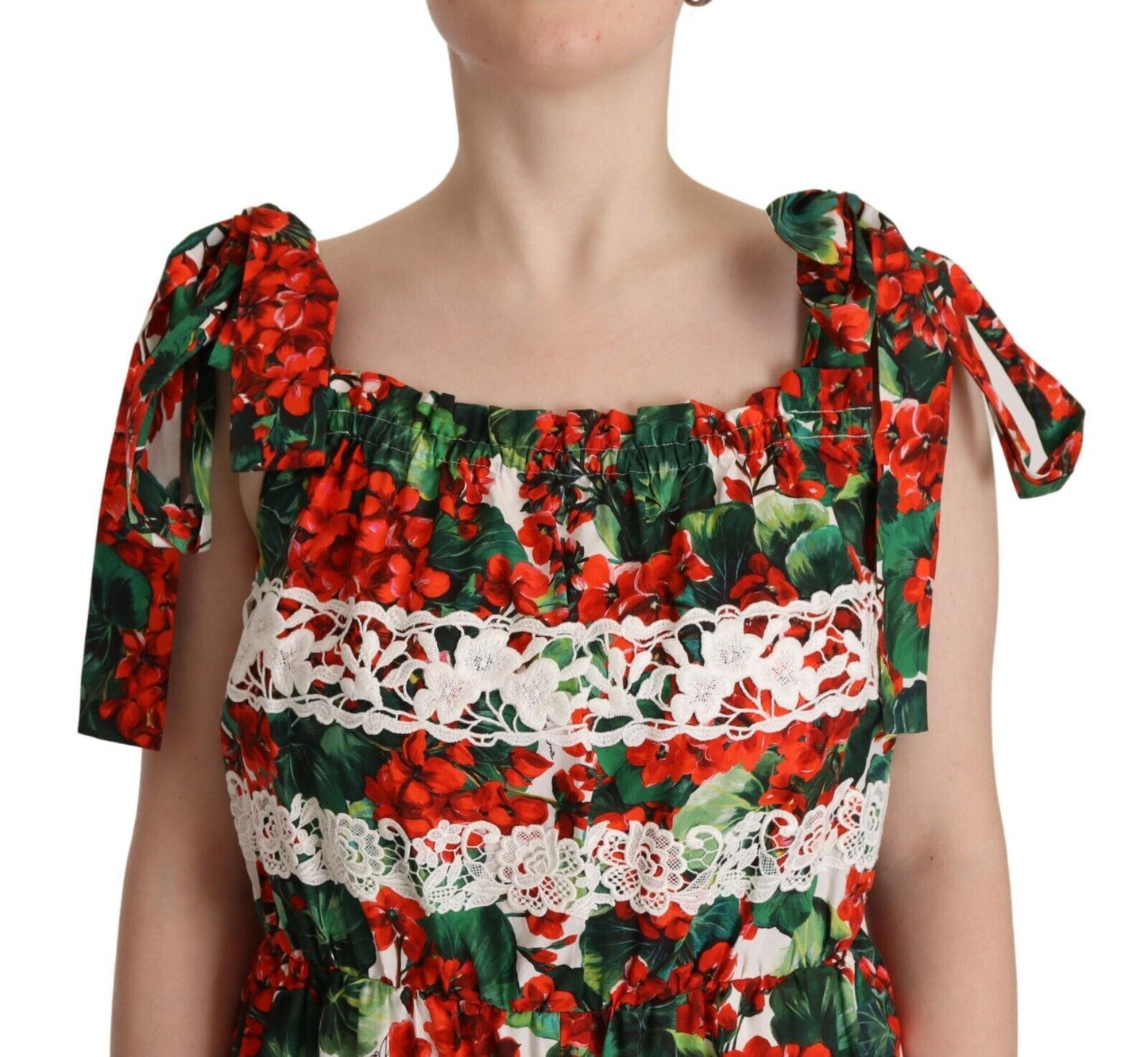 Dolce &amp; Gabbana – Langes Maxikleid aus Spitze mit mehrfarbigem Geranien-Print