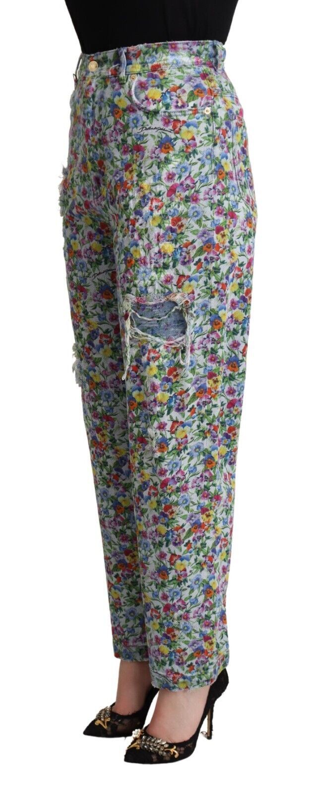 Dolce &amp; Gabbana – Blaue, schmal zulaufende Jeans aus Denim mit Blumenmuster und hoher Taille