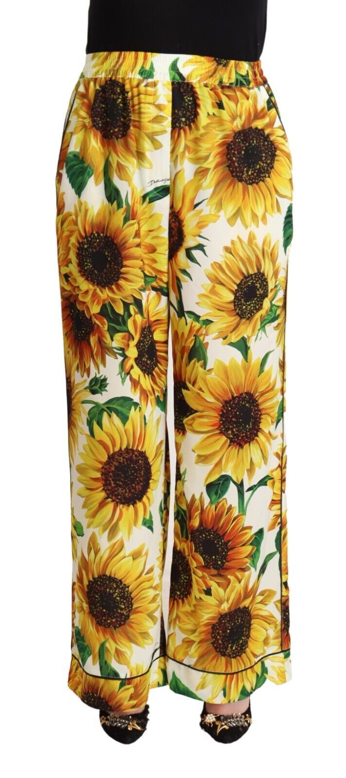 Dolce &amp; Gabbana – Weiße Hose mit weitem Bein und Sonnenblumen-Print, mittlere Taille