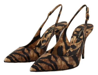 Dolce &amp; Gabbana – Slingbacks aus Leder in Braun mit Tiger-Print