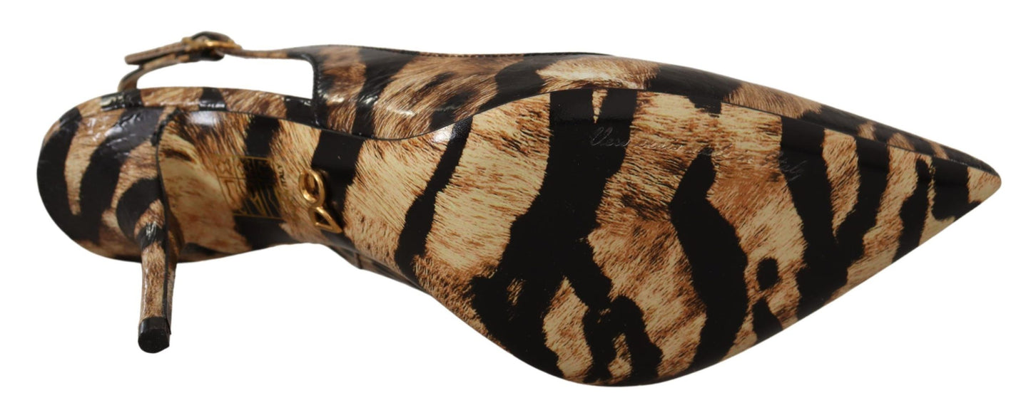Dolce &amp; Gabbana – Slingbacks aus Leder in Braun mit Tiger-Print