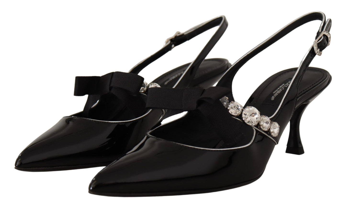 Dolce &amp; Gabbana – Slingback-Schuhe aus schwarzem Lackleder mit Kristallen