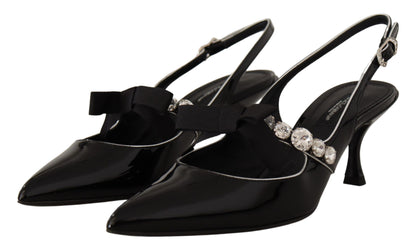 Dolce &amp; Gabbana – Slingback-Schuhe aus schwarzem Lackleder mit Kristallen