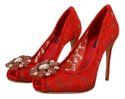 Dolce &amp; Gabbana Rote Taormina-Pumps mit Spitzen- und Kristallabsatz