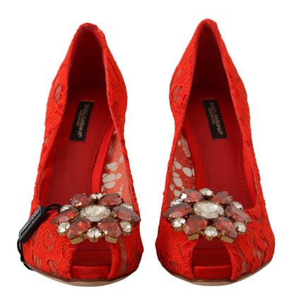 Dolce &amp; Gabbana Rote Taormina-Pumps mit Spitzen- und Kristallabsatz