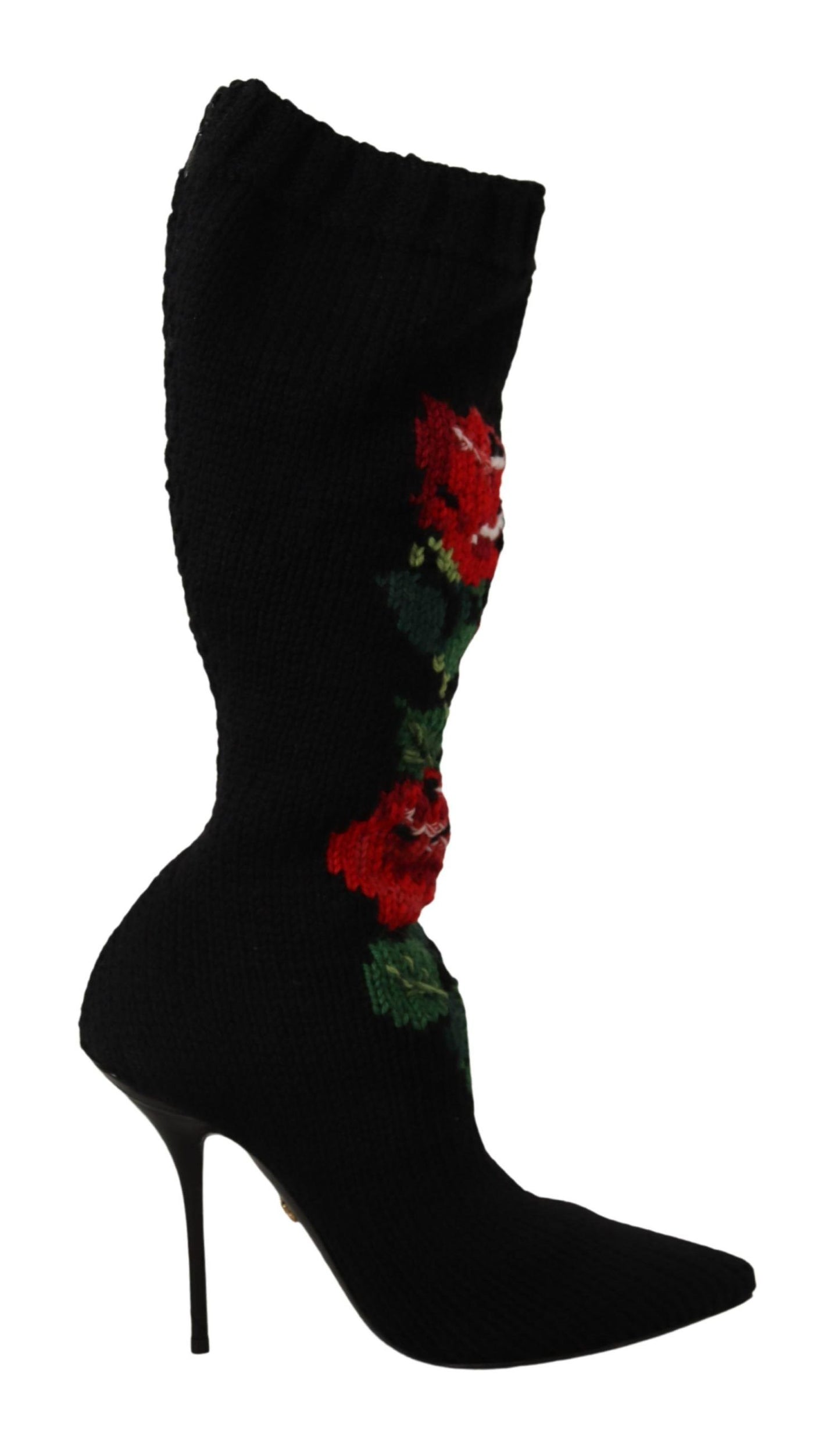 Dolce &amp; Gabbana Schwarze Stretch-Socken Rote Rosen Booties Schuhe