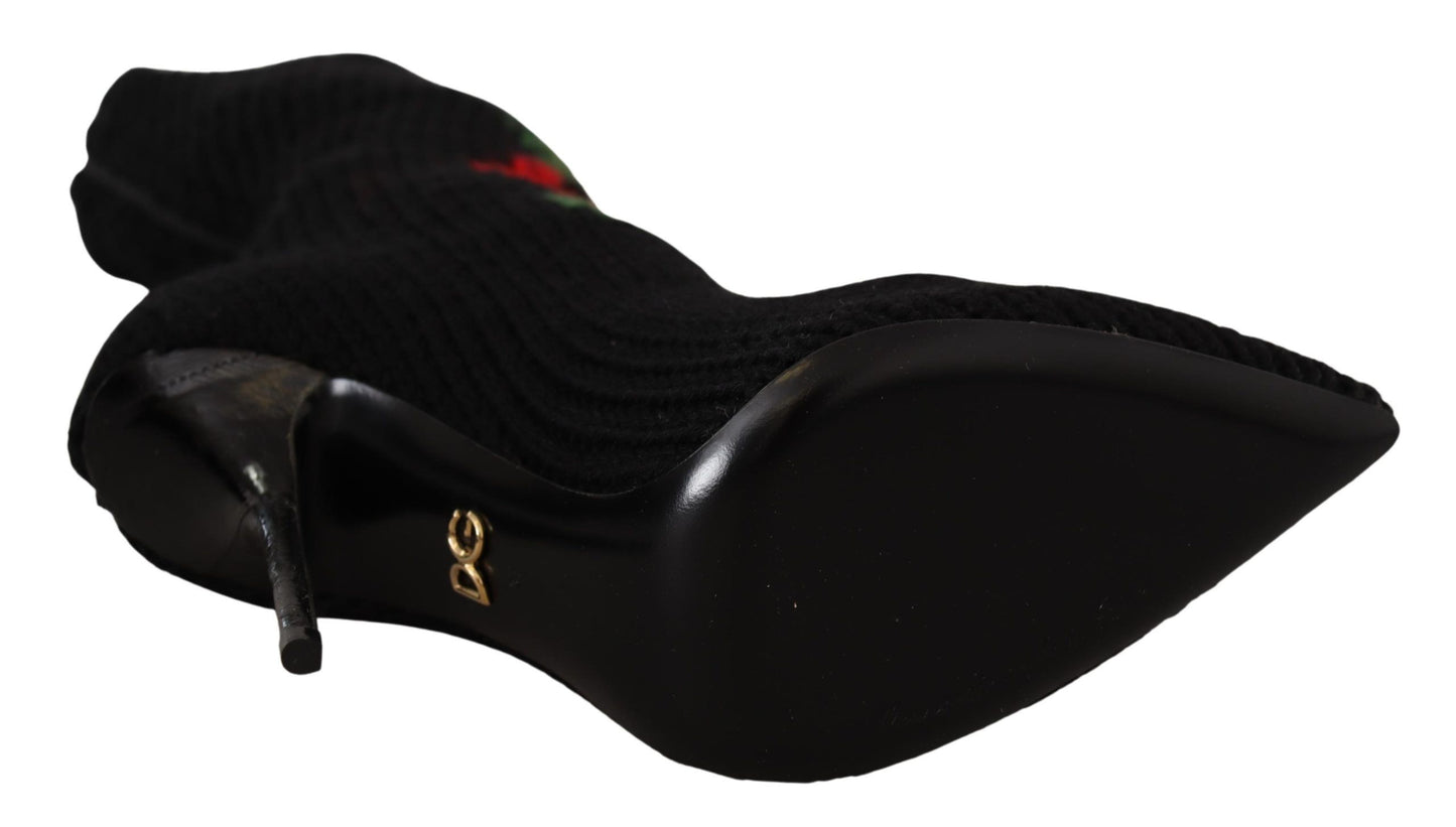 Dolce &amp; Gabbana Schwarze Stretch-Socken Rote Rosen Booties Schuhe