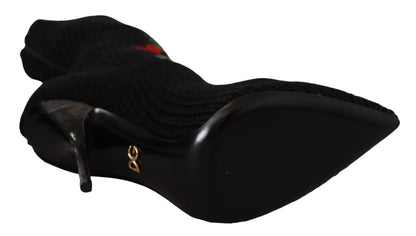 Dolce &amp; Gabbana Schwarze Stretch-Socken Rote Rosen Booties Schuhe