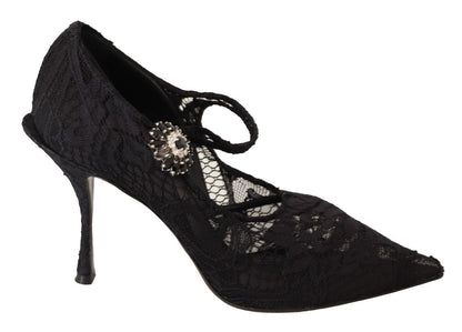 Dolce &amp; Gabbana Schwarze Mary Jane Pumps mit Spitzen und Kristallen