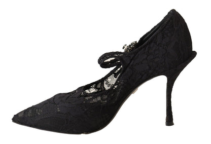 Dolce &amp; Gabbana Schwarze Mary Jane Pumps mit Spitzen und Kristallen