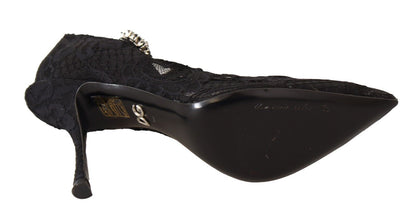 Dolce &amp; Gabbana Schwarze Mary Jane Pumps mit Spitzen und Kristallen