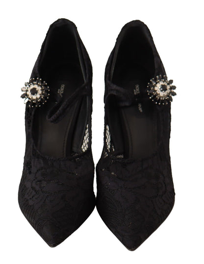 Dolce &amp; Gabbana Schwarze Mary Jane Pumps mit Spitzen und Kristallen