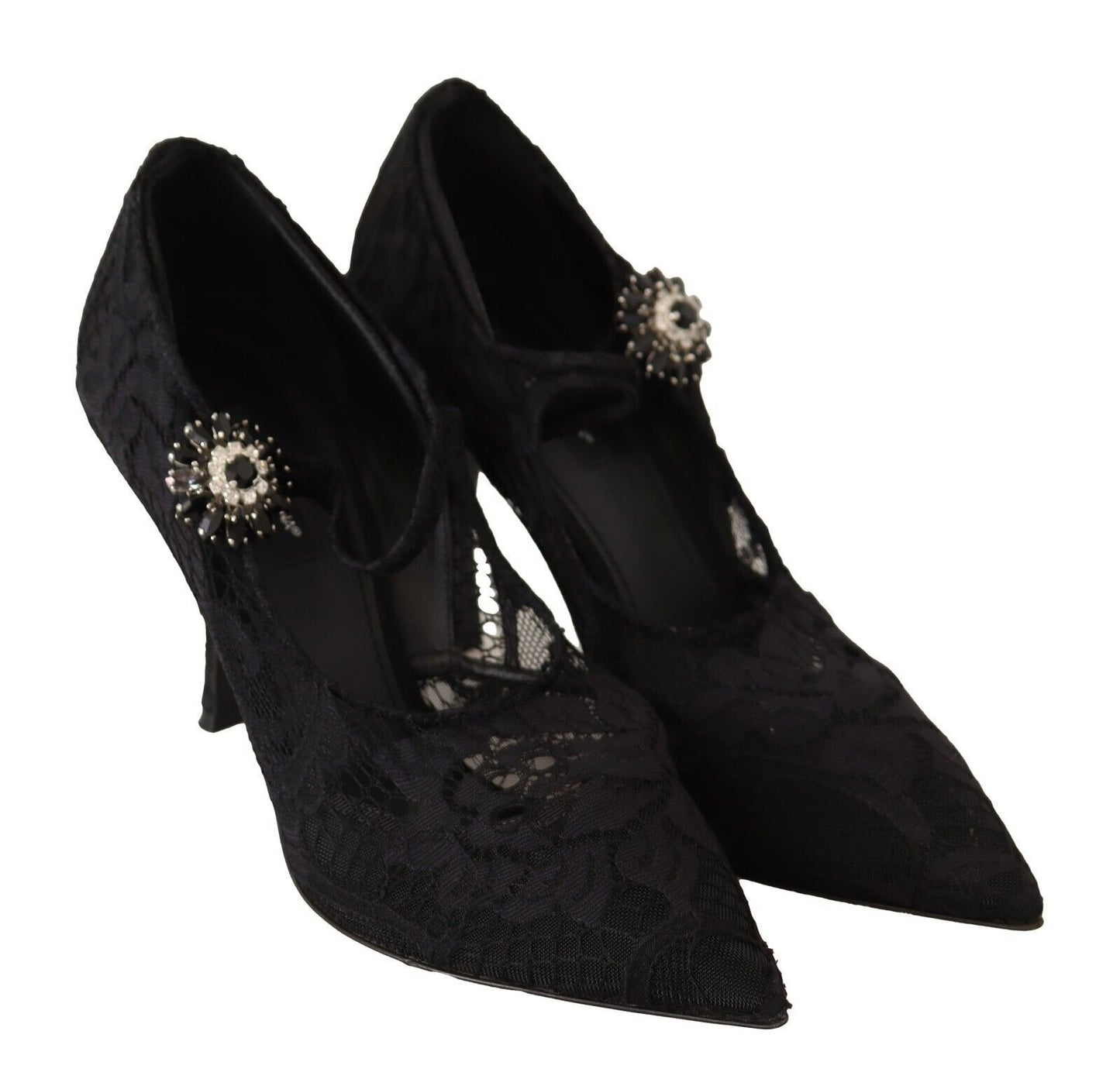 Dolce &amp; Gabbana Schwarze Mary Jane Pumps mit Spitzen und Kristallen