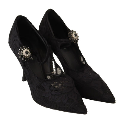 Dolce &amp; Gabbana Schwarze Mary Jane Pumps mit Spitzen und Kristallen