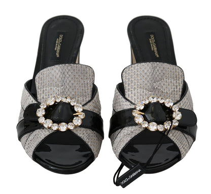 Dolce &amp; Gabbana Schwarz Grau Exotische Leder Kristalle Sandalen Schuhe