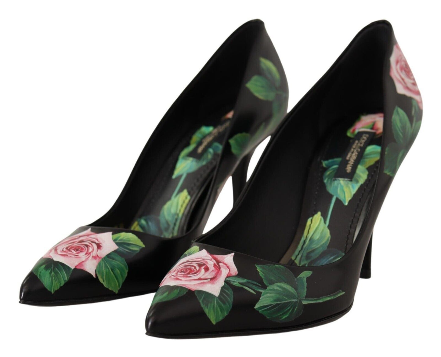 Dolce &amp; Gabbana Schwarze Leder Rosen High Heels Pumps Schuhe