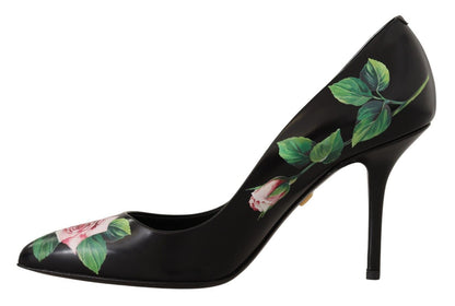 Dolce &amp; Gabbana Schwarze Leder Rosen High Heels Pumps Schuhe