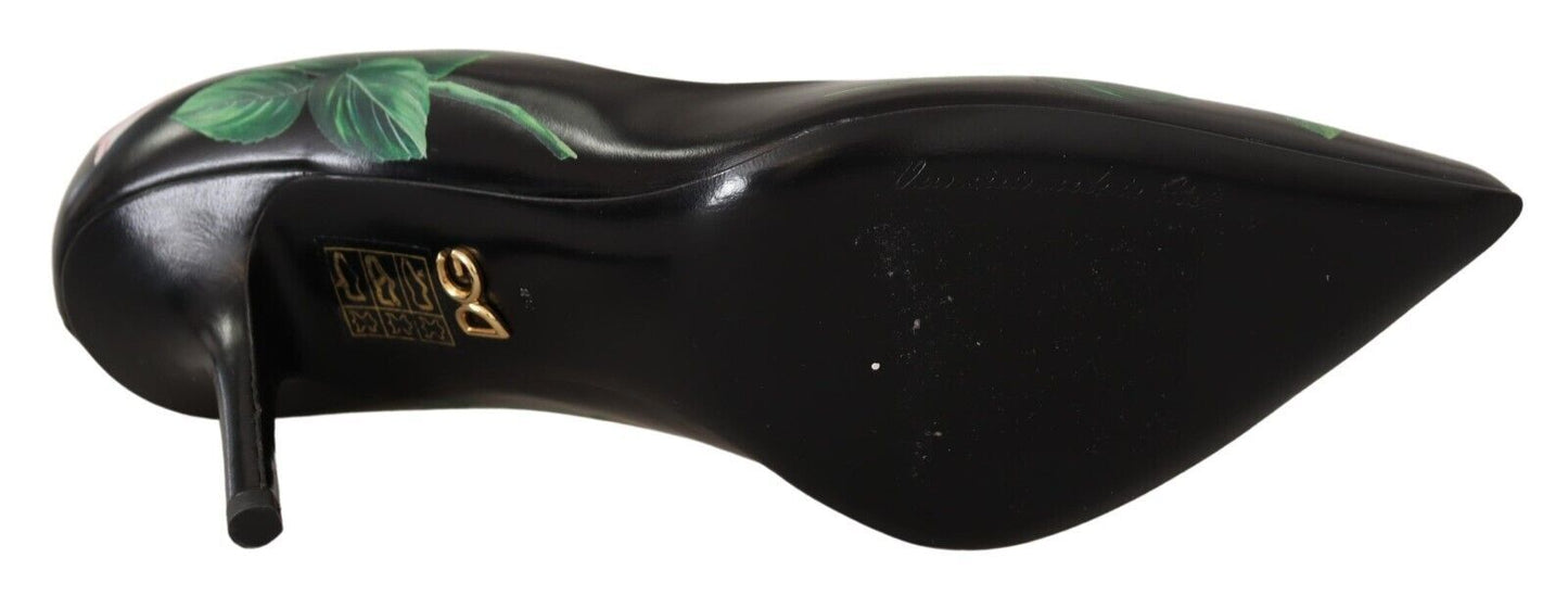 Dolce &amp; Gabbana Schwarze Leder Rosen High Heels Pumps Schuhe