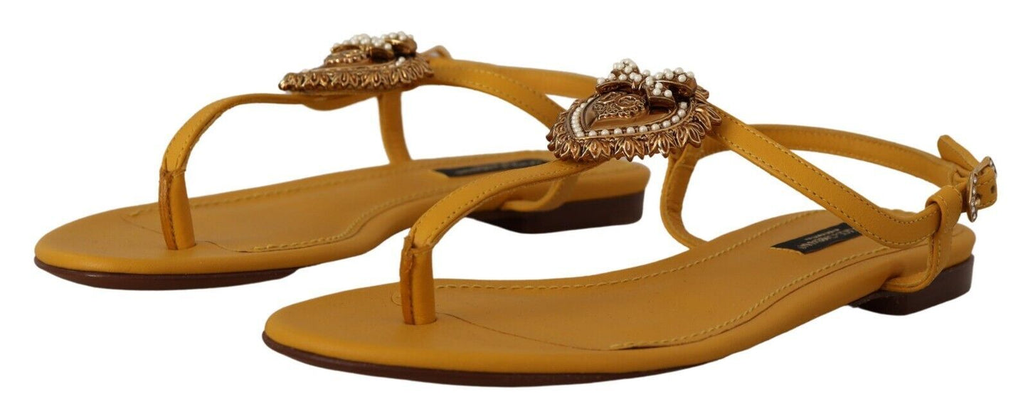 Dolce &amp; Gabbana Senf Leder Devotion Flats Sandalen Schuhe