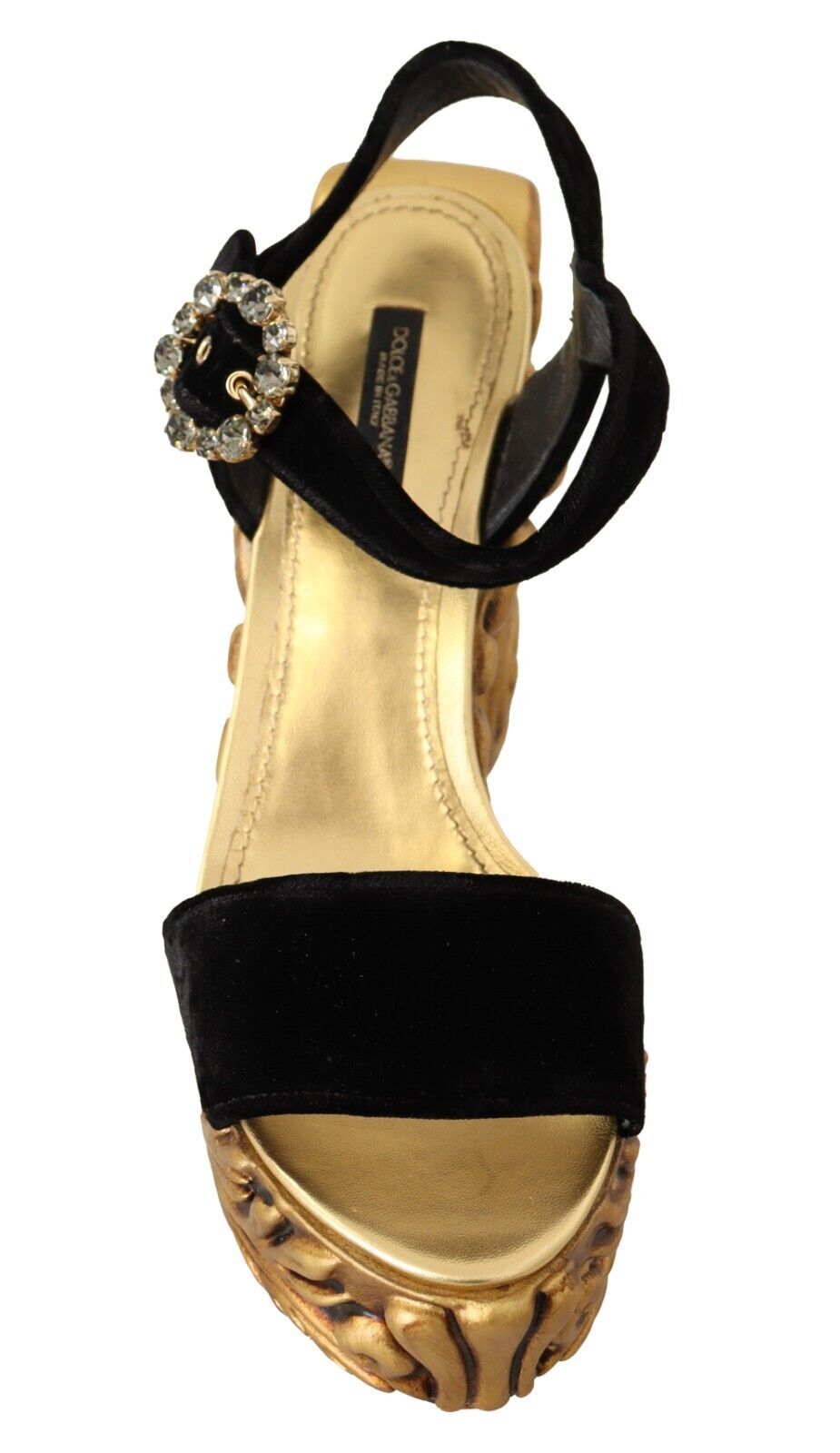 Dolce &amp; Gabbana Schwarzgoldene Barock-Samt-Heels mit Kristallen