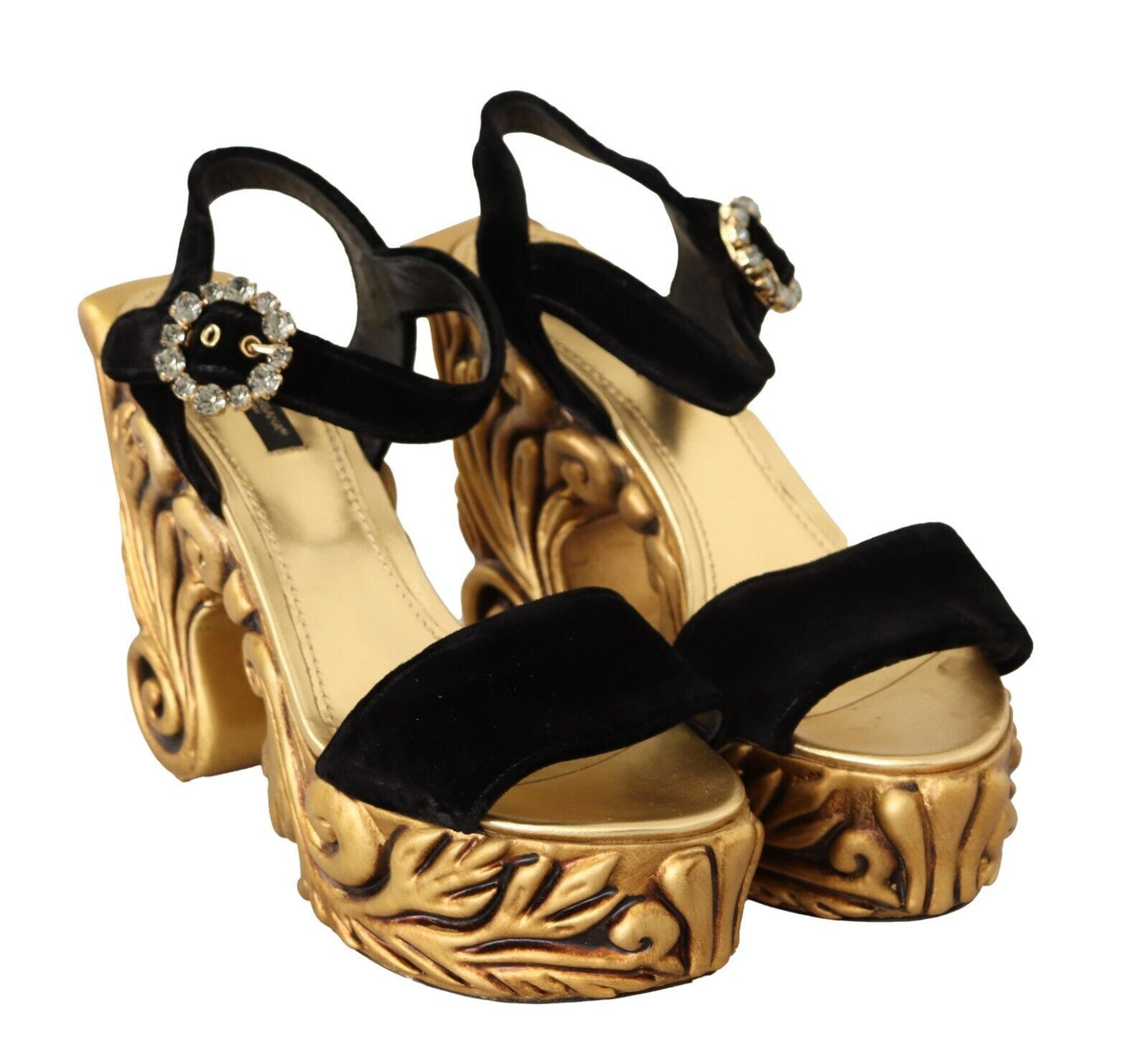 Dolce &amp; Gabbana Schwarzgoldene Barock-Samt-Heels mit Kristallen