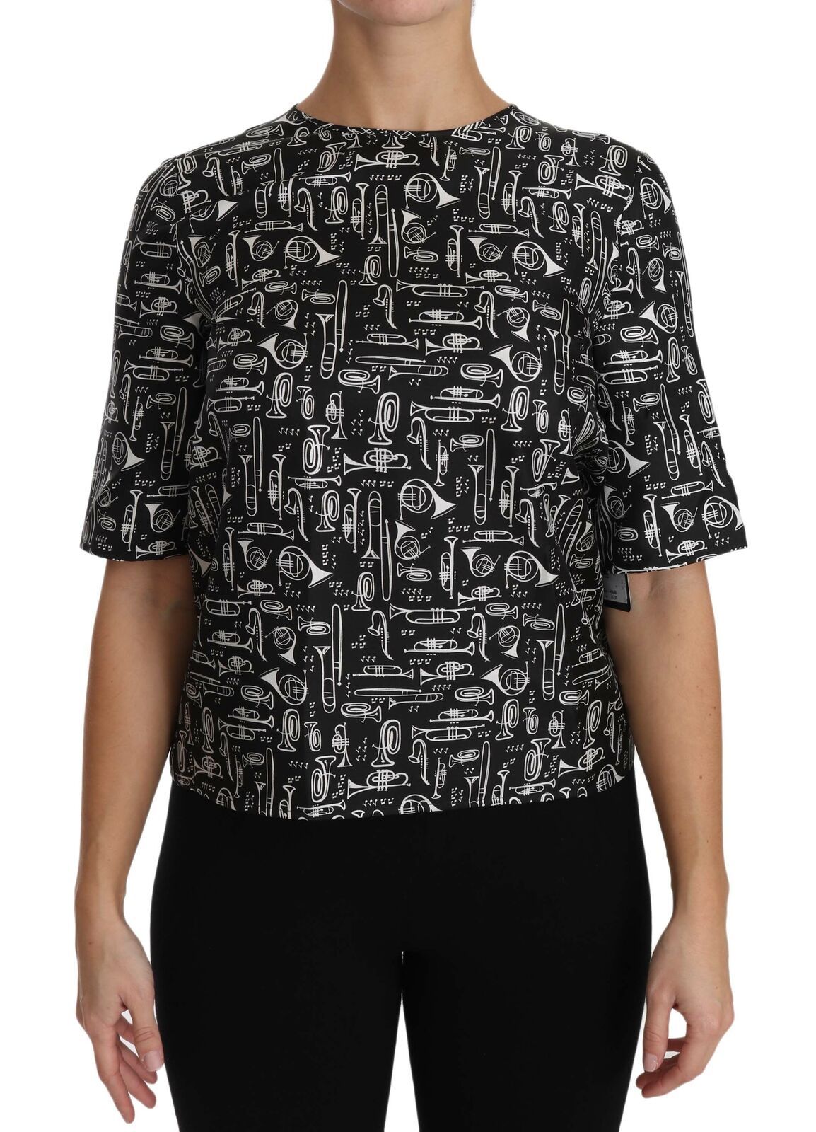 Dolce &amp; Gabbana – Schwarze Seidenbluse mit Musikinstrumenten-Print