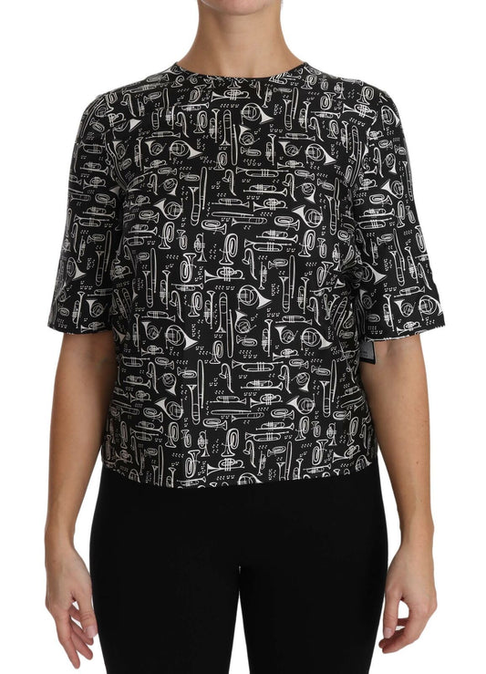 Dolce &amp; Gabbana – Schwarze Seidenbluse mit Musikinstrumenten-Print