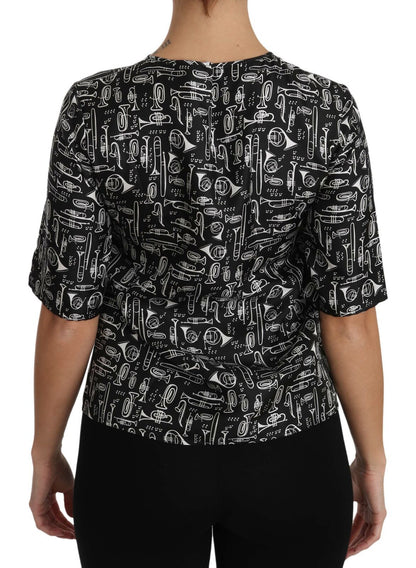 Dolce &amp; Gabbana – Schwarze Seidenbluse mit Musikinstrumenten-Print