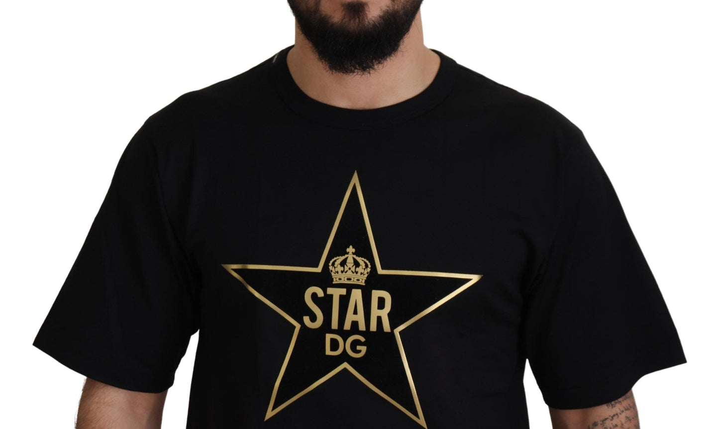 تي شيرت Dolce &amp; Gabbana أسود ذهبي STAR Crown DG قطني برقبة دائرية