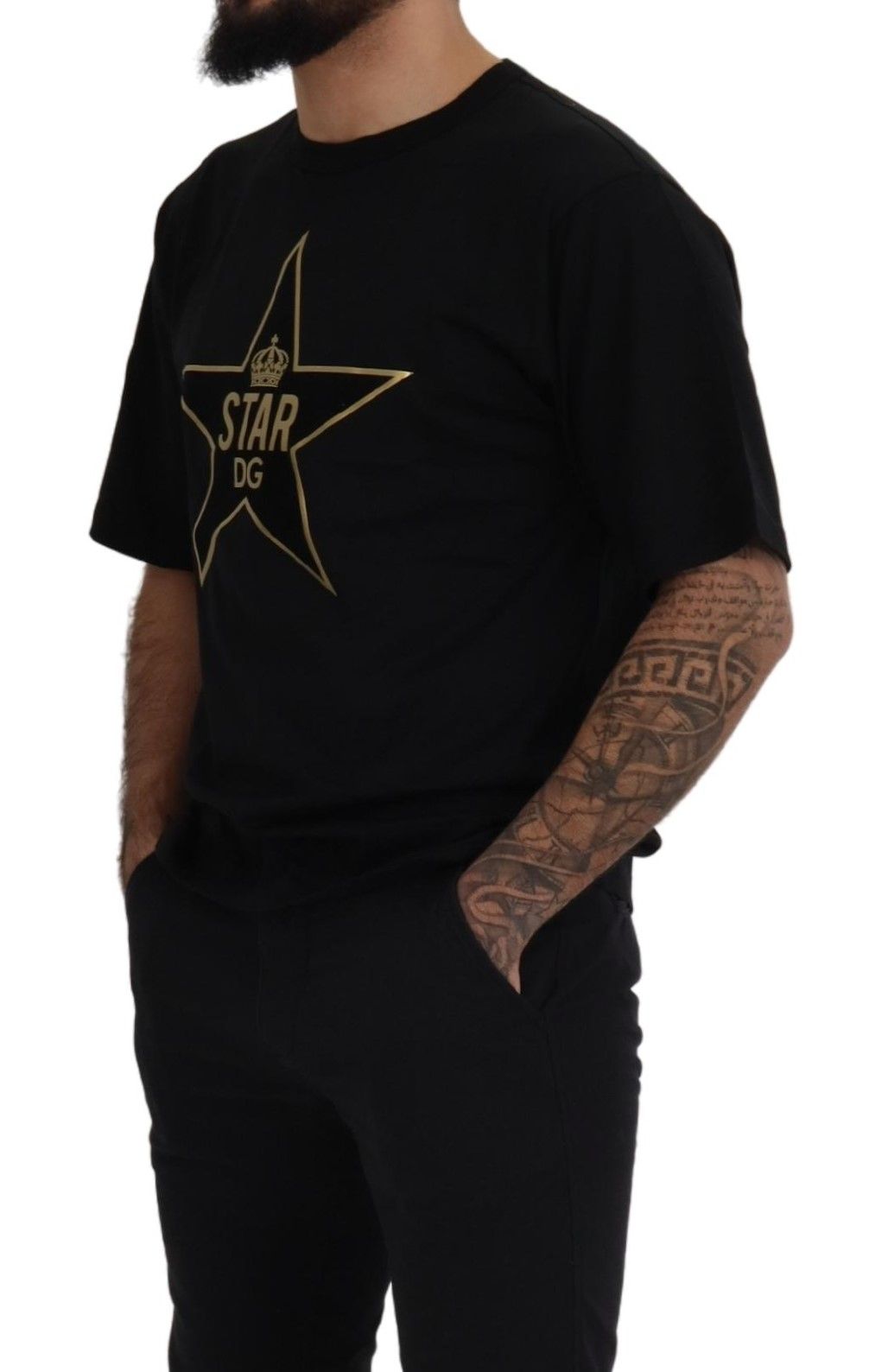 تي شيرت Dolce &amp; Gabbana أسود ذهبي STAR Crown DG قطني برقبة دائرية
